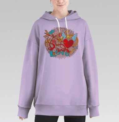 Яркая дудлинг-иллюстрация Любовь и Романтика, Hoodie Long Oversize Fiolet