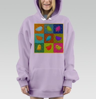 Яркие стилизованные птички в цветных зонах, Hoodie Mjhigh Dig Mel, Fiolet, утепленная