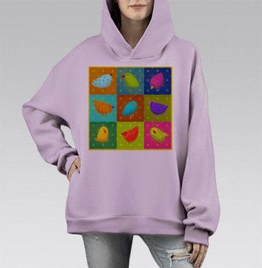 Яркие стилизованные птички в цветных зонах, Hoodie Mono Fiolet, оверсайз, утепленная