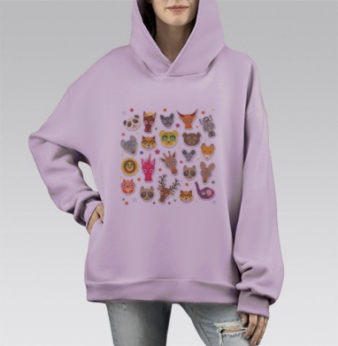 Яркий детский узор с головами животных на бирюзовом фоне, Hoodie Mono Fiolet, оверсайз, утепленная
