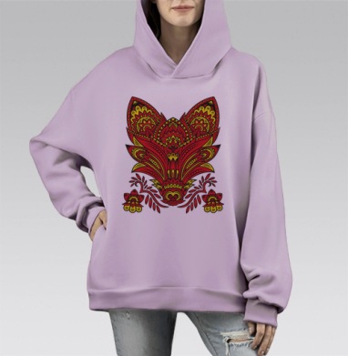 Яркий этнический принт лиса красно-желтый, Hoodie Mono Fiolet, оверсайз, утепленная