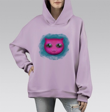 Яркий мультяшный розовый котик – мягкий декор, Hoodie Mono Fiolet, оверсайз, утепленная