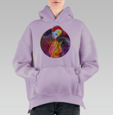 Яркий панк с красным и жёлтым ирокезом, Hoodie Oversize Fiolet, утепленная