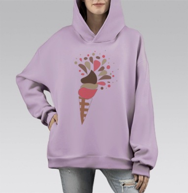 Яркое мороженое в рожке с тремя шариками, Hoodie Mono Fiolet, оверсайз, утепленная
