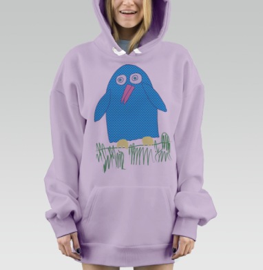 Забавная синяя птица с большими глазами, Hoodie Mjhigh Dig Mel, Fiolet, утепленная