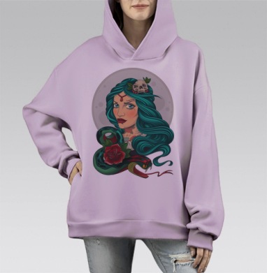 Загадочный портрет с змеёй и черепом, Hoodie Mono Fiolet, оверсайз, утепленная