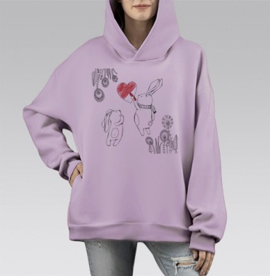 Зайчик раскрашивает сердце красным цветом, Hoodie Mono Fiolet, оверсайз, утепленная