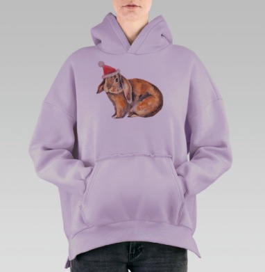 Зайка в шапке дед мороза, Hoodie Oversize Fiolet, утепленная