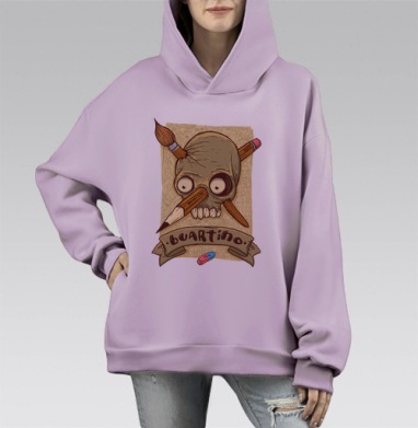 Череп творческой одержимости Буартино и кисть карандаш капсула, Hoodie Mono Fiolet, оверсайз, утепленная