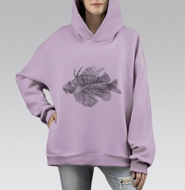Детализированная иллюстрация рыбы-крылатки в литографии, Hoodie Mono Fiolet, оверсайз, утепленная
