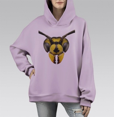 Детализированный крупный план головы осы в стилизованной графике, Hoodie Mono Fiolet, оверсайз, утепленная