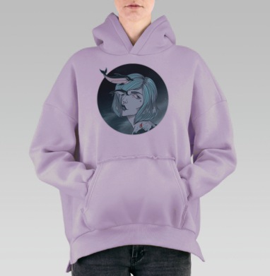 Девушка с дельфинами и морскими тату, Hoodie Oversize Fiolet, утепленная