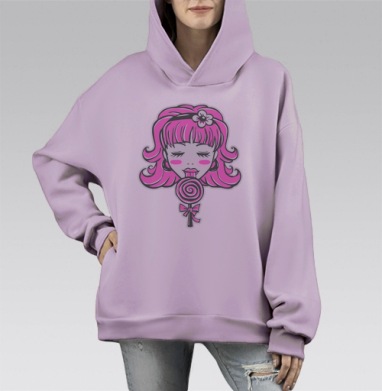 Девушка с розовым леденцом и ярким наслаждением на лице, Hoodie Mono Fiolet, оверсайз, утепленная