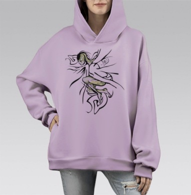Динамичное падение эльфа сквозь острые линии, Hoodie Mono Fiolet, оверсайз, утепленная