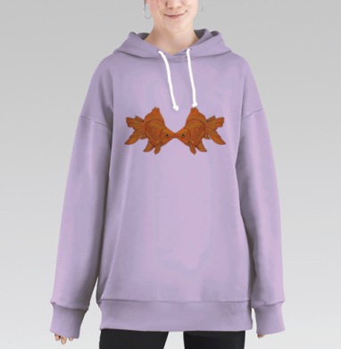 Две золотые рыбки в зеркальном объятии – символ гармонии, Hoodie Long Oversize Fiolet