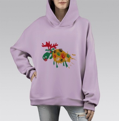 Экспрессивный лось калейдоскоп красочный руки, Hoodie Mono Fiolet, оверсайз, утепленная