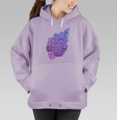 Женская голова с цветущими лотосами — художественная акварель, Hoodie Oversize Fiolet