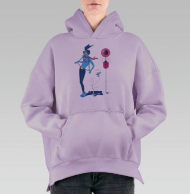 Голубой сюрреалистичный персонаж с ярким стилем, Hoodie Oversize Fiolet, утепленная