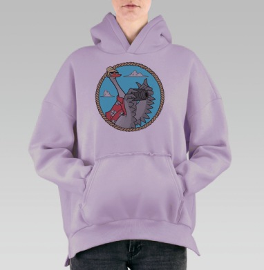 Гусь-турист с камерой: забавный мультяшный принт, Hoodie Oversize Fiolet, утепленная