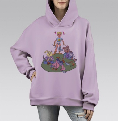 Игра и борьба: мультяшная фэнтези-сцена с девочкой и зверятами, Hoodie Mono Fiolet, оверсайз, утепленная