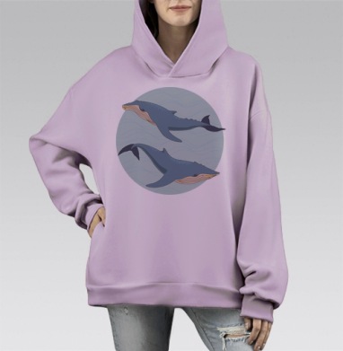 Иллюстрация с двумя синими китами, Hoodie Mono Fiolet, оверсайз, утепленная