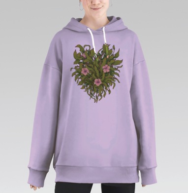 Иллюстрация 'Сердце из гибискусов и листьев', Hoodie Long Oversize Fiolet