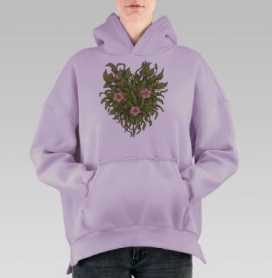 Иллюстрация 'Сердце из гибискусов и листьев', Hoodie Oversize Fiolet, утепленная