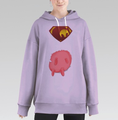 Ироничный арт с символом героя и розовым существом, Hoodie Long Oversize Fiolet