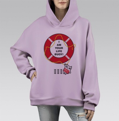 Ироничный герой с ярким спасательным кругом Я ТВОЙ СПАСАТЕЛЬНЫЙ КРУГ, Hoodie Mono Fiolet, оверсайз, утепленная