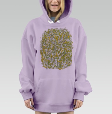 Кириллический алфавит дудлинг коллаж хаоса неразделимая масса шрифтов, Hoodie Mjhigh Dig Mel, Fiolet, утепленная