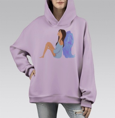 Мечтательная девушка с белыми ангельскими крыльями, Hoodie Mono Fiolet, оверсайз, утепленная