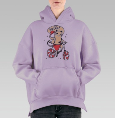 Милый котёнок на велосипеде с приветствием, Hoodie Oversize Fiolet, утепленная