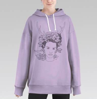 Мистическая богиня природы с рогами и кристаллами, Hoodie Long Oversize Fiolet