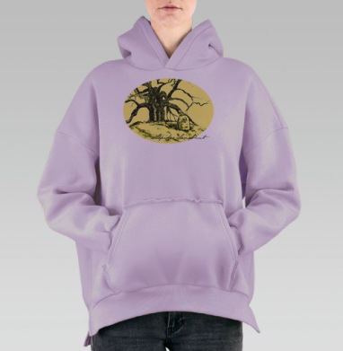 Мистическое дерево жизни и смерти на холме, Hoodie Oversize Fiolet, утепленная