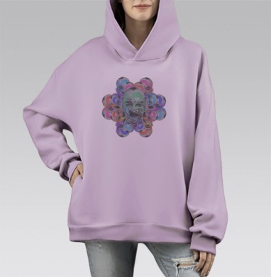Многослойный Коллаж с Человеческим Лицом и Цветочным Орнаментом, Hoodie Mono Fiolet, оверсайз, утепленная