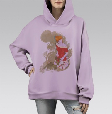 Молодая женщина с рыжим волосами и крошечным драконом на коленях, Hoodie Mono Fiolet, оверсайз, утепленная