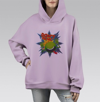 Не паникуй веселое зеленое существо комикс взрыв, Hoodie Mono Fiolet, оверсайз, утепленная