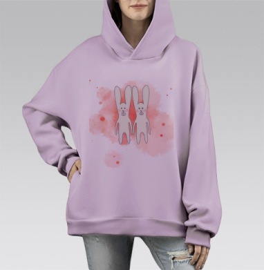 Нежная встреча двух белых кроликов, Hoodie Mono Fiolet, оверсайз, утепленная