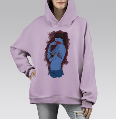 Неоновый нуар синяя девушка наносит татуировку сама Never Again Никогда, Hoodie Mono Fiolet, оверсайз, утепленная