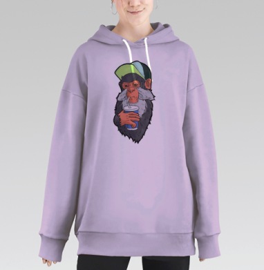 Обезьяна пьёт напиток с надписью Ром Кола вопрос, Hoodie Long Oversize Fiolet