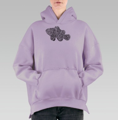 Орнаментальный силуэт рыбы-клоуна в абстрактном стиле, Hoodie Oversize Fiolet, утепленная