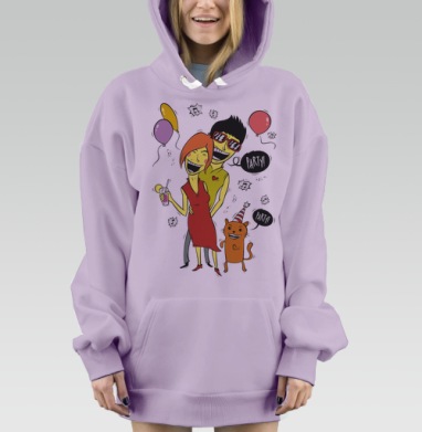 Pop art вечеринка / Party с женщиной мужчиной и рыжим котом PARTY ТУСУЕМСЯ, Hoodie Mjhigh Dig Mel, Fiolet, утепленная