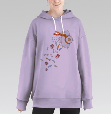 Праздничная белая птица в ярком полосатом шарфе летит сладости подарков, Hoodie Long Oversize Fiolet