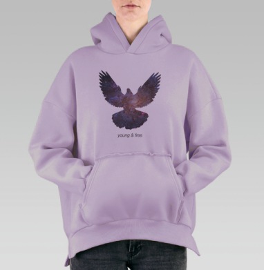 Птица с галактикой «Young & Free» — символ свободы, Hoodie Oversize Fiolet, утепленная
