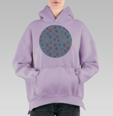 Романтические сердечки в пастельных тонах, Hoodie Oversize Fiolet, утепленная
