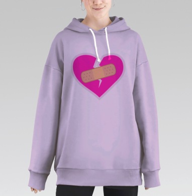 Розовое сердце с медицинским пластырем на трещине сердечных ран, Hoodie Long Oversize Fiolet