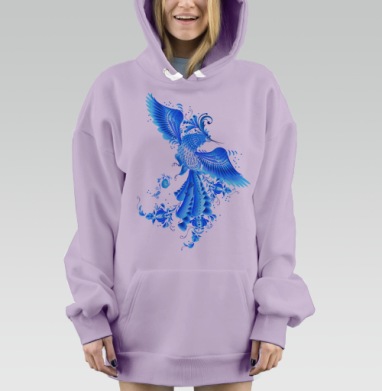 Синяя птица удачи в стиле гжельской росписи, Hoodie Mjhigh Dig Mel, Fiolet, утепленная