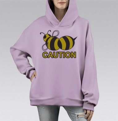 Стильная наклейка пчела с надписью CAUTION, Hoodie Mono Fiolet, оверсайз, утепленная