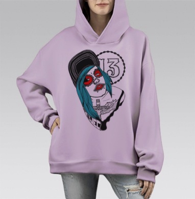 Стилизация Дня мертвых с уличным духом и символикой 13, Hoodie Mono Fiolet, оверсайз, утепленная