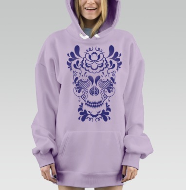 Стилизованная синяя цветочная роспись орнаментальный череп калавера, Hoodie Mjhigh Dig Mel, Fiolet, утепленная